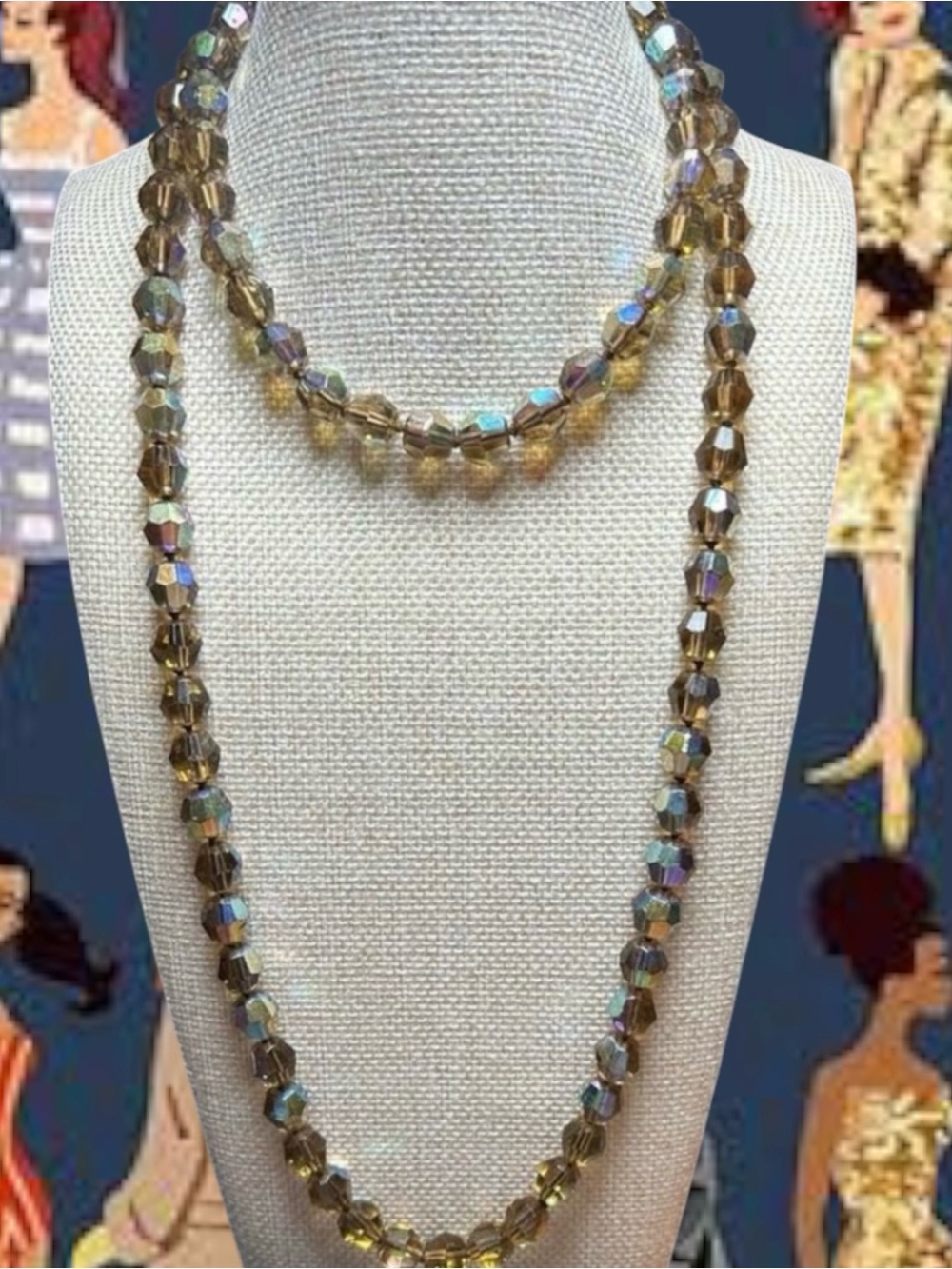 Vintage 36” Smoky Topaz AB Glass Bead Necklace